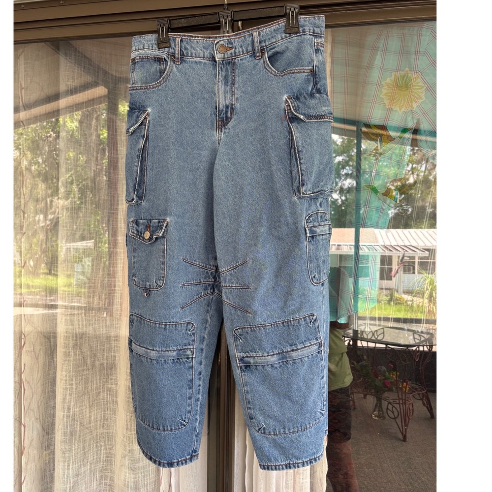 BDG Urban Outfitters Womens Blue Denim Cargo Wide Leg Pants Size 30 Medium Wash